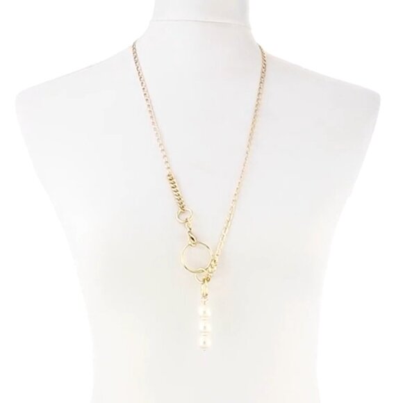 French Connection Linked gold chain with Pearl beads Y-Necklace - Picture 1 of 5